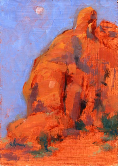 Linda F. Harris, color sketeches, Morning Moon Over Thunderbird Mesa, Oil, 5x7