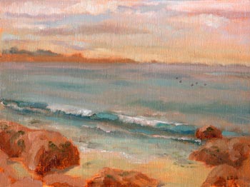 Linda F. Harris, color sketeches,Asilomar Beach, Oil 6x8