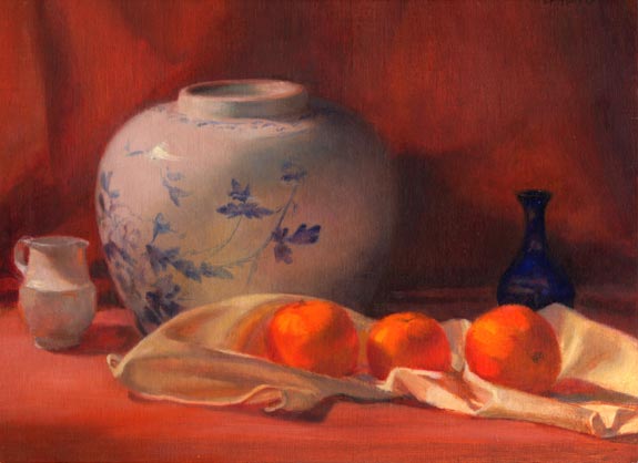 Linda F. Harris, Vases and Oranges, oil, 9x12